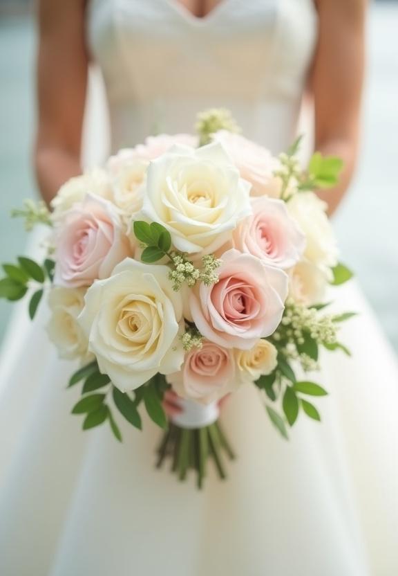 繊細な花々で作られた、花嫁のためのエレガントなブーケ。