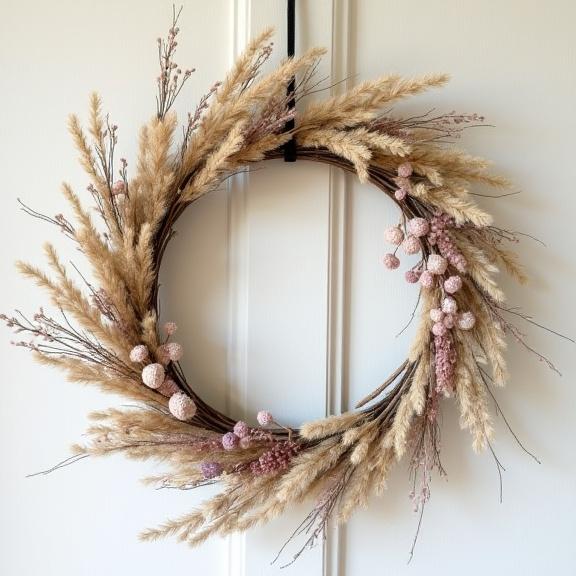 繊細なディテールが美しいドライフラワーのリース。