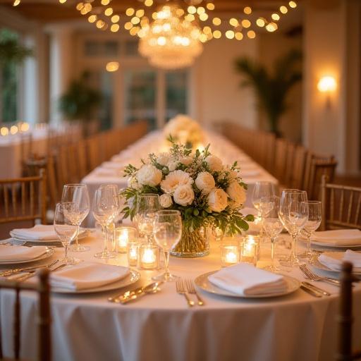 エレガントな花の装飾が施された結婚披露宴のテーブル。